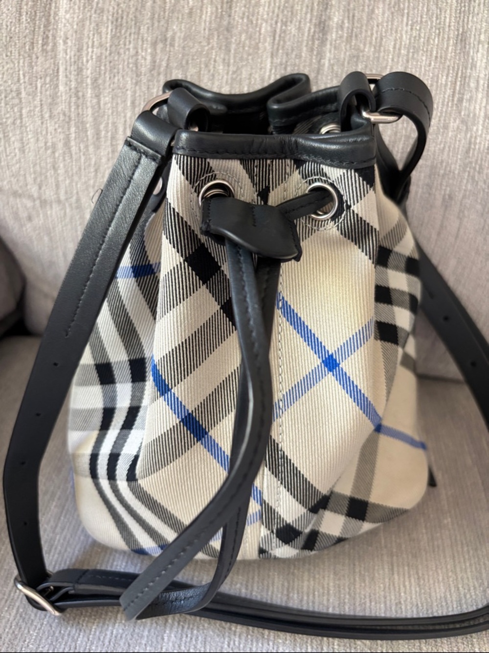 Burberry Beige Plaid Drawstring Crossbody with Black Trim and Blue Accents